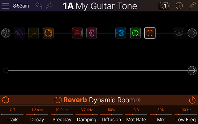 A reverb block is selected showing its parameters in the Inspector