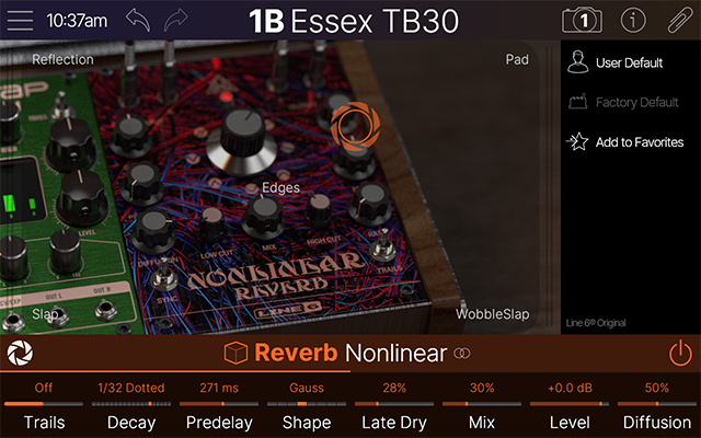 A reverb block is selected showing its parameters in the Inspector