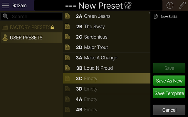 Saving a new preset to an empty User Presets folder location