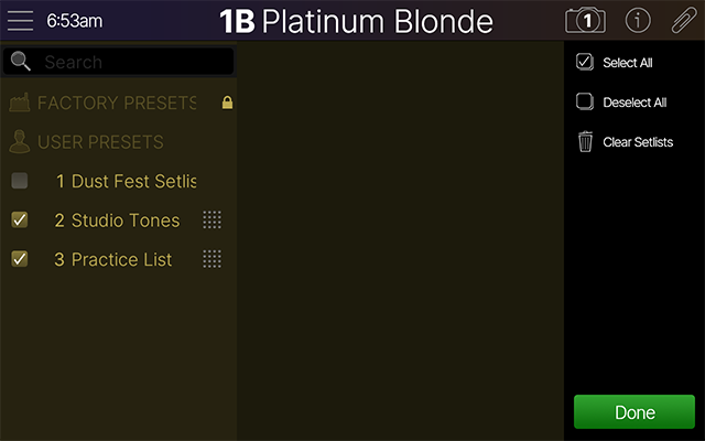 The Manage Setlists screen