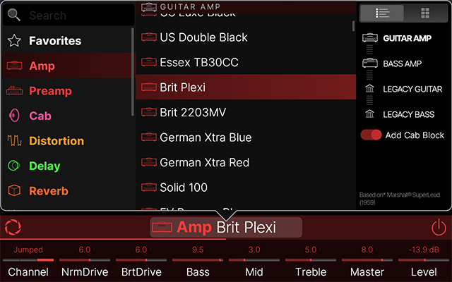 Model Browser - Guitar Amps, List view