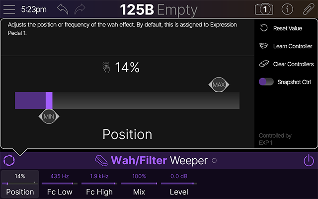 The Parameter Panel showing a Wah Posiiton parameter's Minimum and Maximum flags
