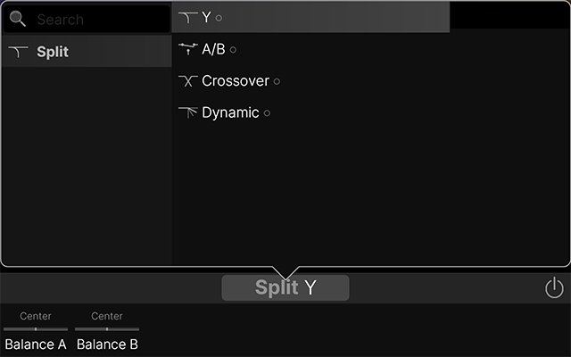The Split block menu list