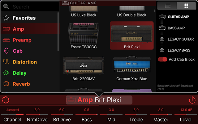 The Model Browser showing the Amp - Guitar Amp model list